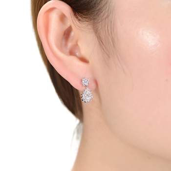 Pear Shape CZ Flower Cluster Drop Earrings In White Rhodium Over Brass