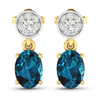 1.40ctw 14K Yellow Gold London Blue Topaz  and White Diamond Halo Earrings