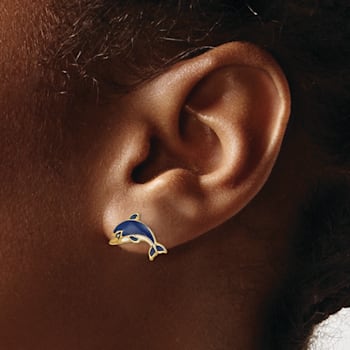 14k Yellow Gold Blue and White Enameled Dolphin Stud Earrings
