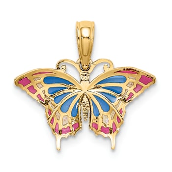14k Yellow Gold Small Enameled Blue and Red Butterfly Pendant