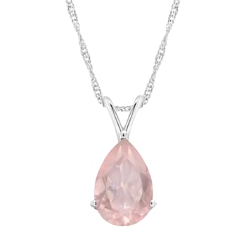 12x8mm Pear Shape Rose Quartz Rhodium Over Sterling Silver Pendant With Chain