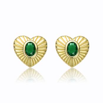 Emerald Color CZ Heart Stud Earrings In 14K Gold Over Sterling Silver