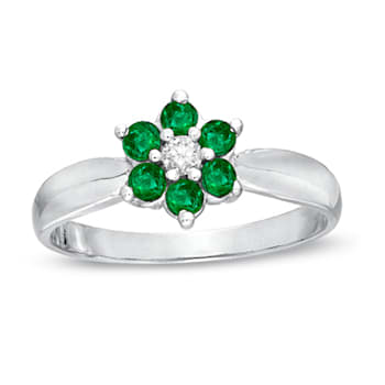 0.38ctw Emerald and Diamond Flower Cluster Ring in 14k White Gold