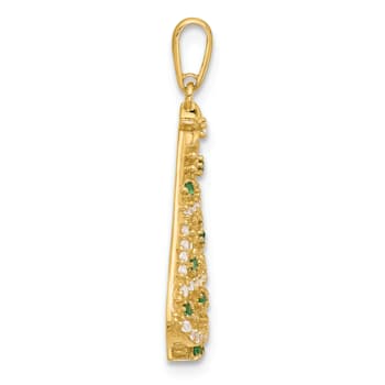 14K Yellow Gold Polished Green and White Cubic Zirconia Christmas Tree Pendant