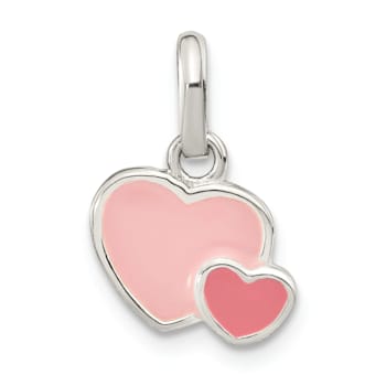 Rhodium Over Sterling Silver Pink Enamel Double Heart Pendant