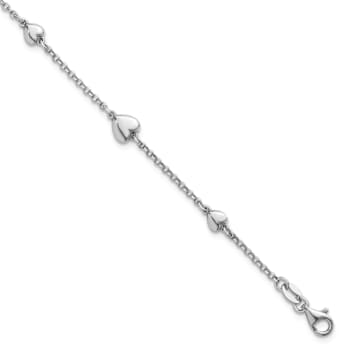 Rhodium Over Sterling Silver Polished Hearts 7 Inch with 1 Inch Extender Bracelet