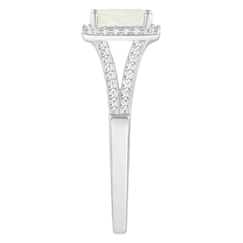 6x4mm Emerald Cut Opal 1/4 ctw Diamond Rhodium Over Sterling Silver Halo Ring