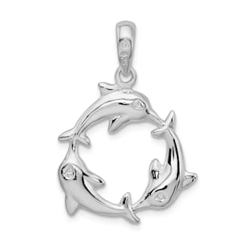 Rhodium Over Sterling Silver Polished 3 Dolphin Circle Pendant