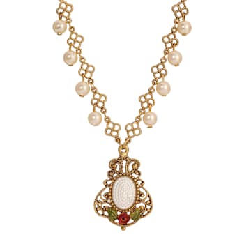 Yellow Base Metal Faux Pearl Red Rose Bead Chain Necklace 16" Adj.