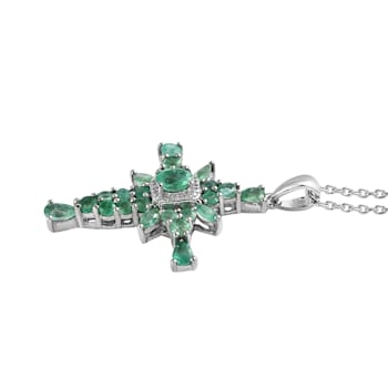 Sterling Silver Zambian Emerald and White Zircon Pendant With Chain 2.15ctw