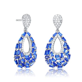 Sapphire Color CZ Pear Shape Drop Earrings In Sterling Silver