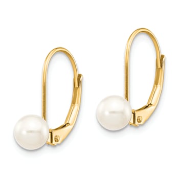 14K Yellow Gold 5-6mm White Round Freshwater Cultured Pearl Leverback Earrings