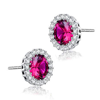 Ruby Color CZ Halo Stud Earrings In Sterling Silver