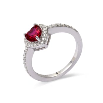 Red Lab Created Ruby Ring With Moissanite Rhodium Over Sterling Silver
Halo Heart Ring