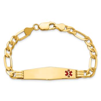 14k Yellow Gold Medical Soft Diamond Shape Red Enamel Figaro Link ID Bracelet