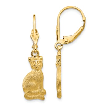 14k Yellow Gold Satin Cat Dangle Earrings