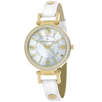 Christian Van Sant Women's Petite White Dial, White Leather Strap Watch
