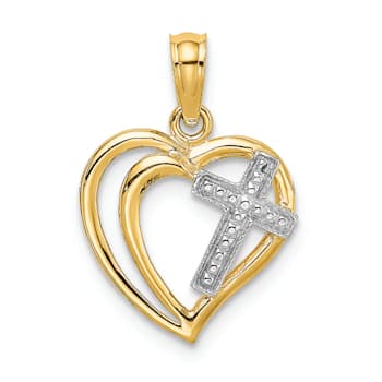 Rhodium Over 14K Two-tone Gold Cross In Heart Charm Pendant