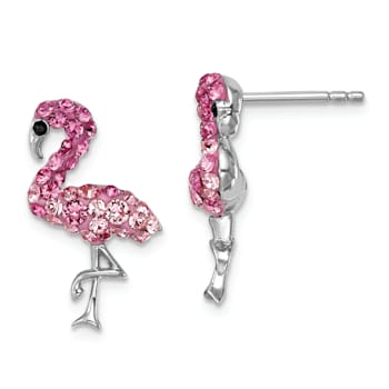 Rhodium Over Sterling Silver Polished Pink Crystal Flamingo Post Earrings