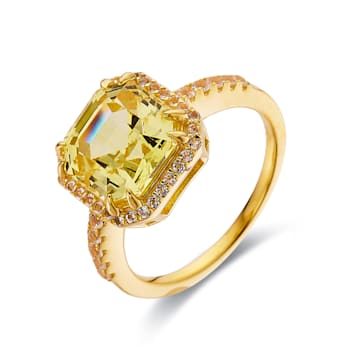 Asscher Cut Lab Created Yellow Sapphire, White Topaz 18K Yellow Gold
Over Sterling Silver Halo Ring
