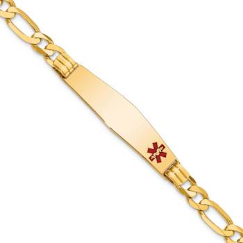 14k Yellow Gold Medical Soft Diamond Shape Red Enamel Figaro Link ID Bracelet