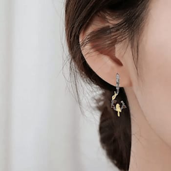 Garnet Rhodium Over Sterling Silver Nature Inspired Robin Earrings
