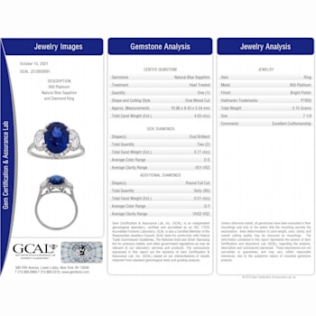 Oval Blue Sapphire and White Diamond Platinum Ring. 4.80 CTW