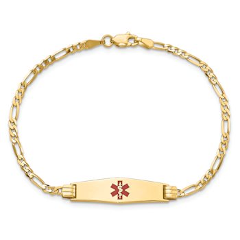 10k Yellow Gold Medical Soft Diamond Shape Red Enamel Figaro Link ID Bracelet