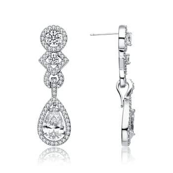 CZ Teardrop Halo Dangle Earrings In Sterling Silver