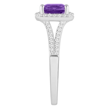 7mm Cushion Amethyst 1/4 ctw Diamond Rhodium Over Sterling Silver Halo Ring