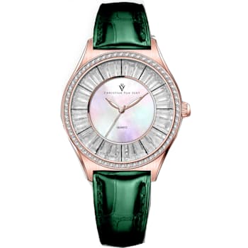 Christian Van Sant Women's Luna White Dial, Green Leather Strap Watch