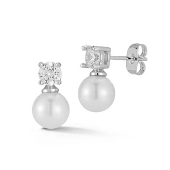 Rachel Zoe Simulated Pearl and CZ Drop Earrings in Rhodium Over Brass
