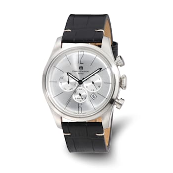 Charles Hubert Men's Stainless Steel Leather Band 46mm Dual Time Watch