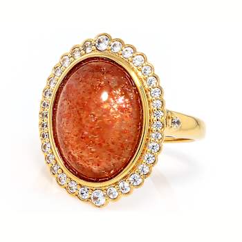 Orange Sunstone Oval And White Zircon Ring In 18K Gold Over Sterling
Silver 0.46ctw