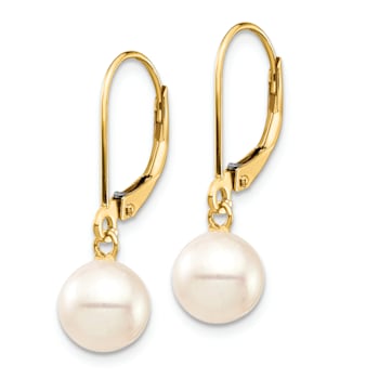 14K Yellow Gold 7-8mm White Round Freshwater Cultured Pearl Leverback Earrings