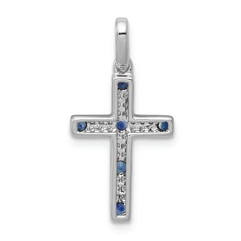 Rhodium Over 14k White Gold Diamond and Sapphire Cross Pendant