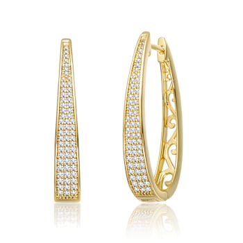 Oblong CZ Pave Hoop Earrings In 14K Gold Over Brass