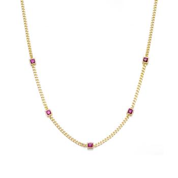 Ruby Color CZ Station Necklace In 14K Gold Over Brass