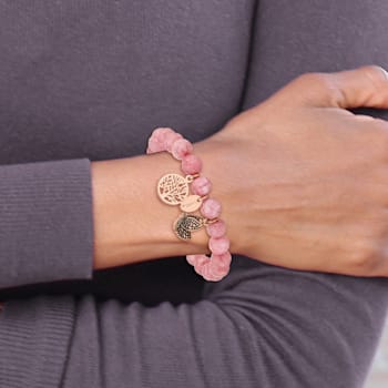 Stainless Steel Rose Gold Turtle & Tree of Life Charm Grey Jade Stretch Bracelet