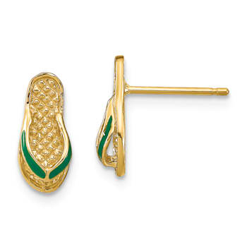 14K Yellow Gold 3D Textured and Green Enamel Flip-Flop Earrings