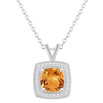 7mm Cushion Citrine 1/7 ctw Diamond Rhodium Over Sterling Silver Halo
Pendant with Chain