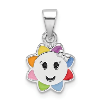 Rhodium Over Sterling Silver Multi-color Enamel Smiling Sun Children's Pendant