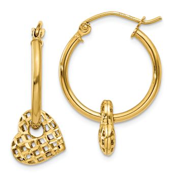 14k Yellow Gold 7/8" Moveable Heart Dangle Hoop Earrings