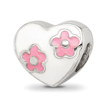 Sterling Silver Enameled Heart with Pink Flowers Bead