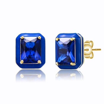 Sapphire Color CZ Radiant-Cut Stud Earrings In 14K Gold Over Brass