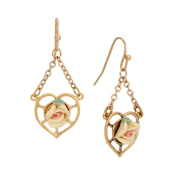 Gold Tone Heart Porcelain Rose Wire Earrings