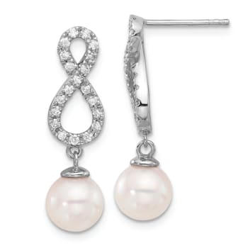 Rhodium Over 14K White Gold 7-8mm White Akoya Cultured Pearl and 0.40ctw
Diamond Post Earrings