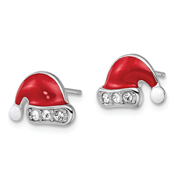 Rhodium Over Sterling Silver Enamel/Crystal Santa Hat Post Earrings