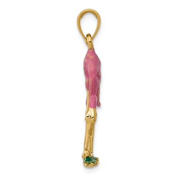 14k Yellow Gold Multi-color Enameled 3D Pink Flamingo Pendant