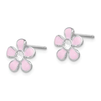 Rhodium Over Sterling Silver Pink Enamel/Crystal Flower Post Earrings